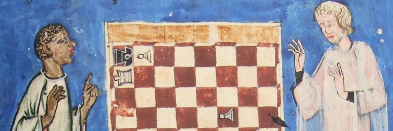 An illustration from the Libro de Axedrez showing two players immersed in a game. Libro de Axedrez#