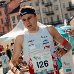 Tino Polsini after crossing the finish at Piazza Grande in Locarno. Photo by Simon Buser