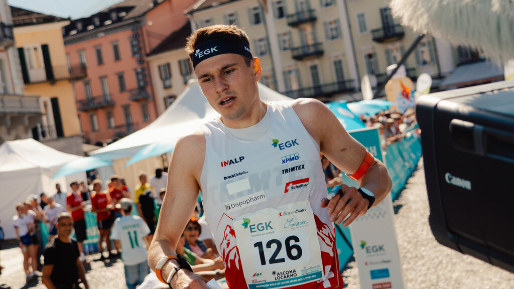 Tino Polsini after crossing the finish at Piazza Grande in Locarno. Photo by Simon Buser