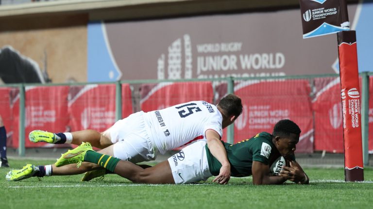 Action from the World Rugby Junior World Championship 2026 semi-final between South Africa and England at Avchala Stadium in Tbilisi, Georgia
