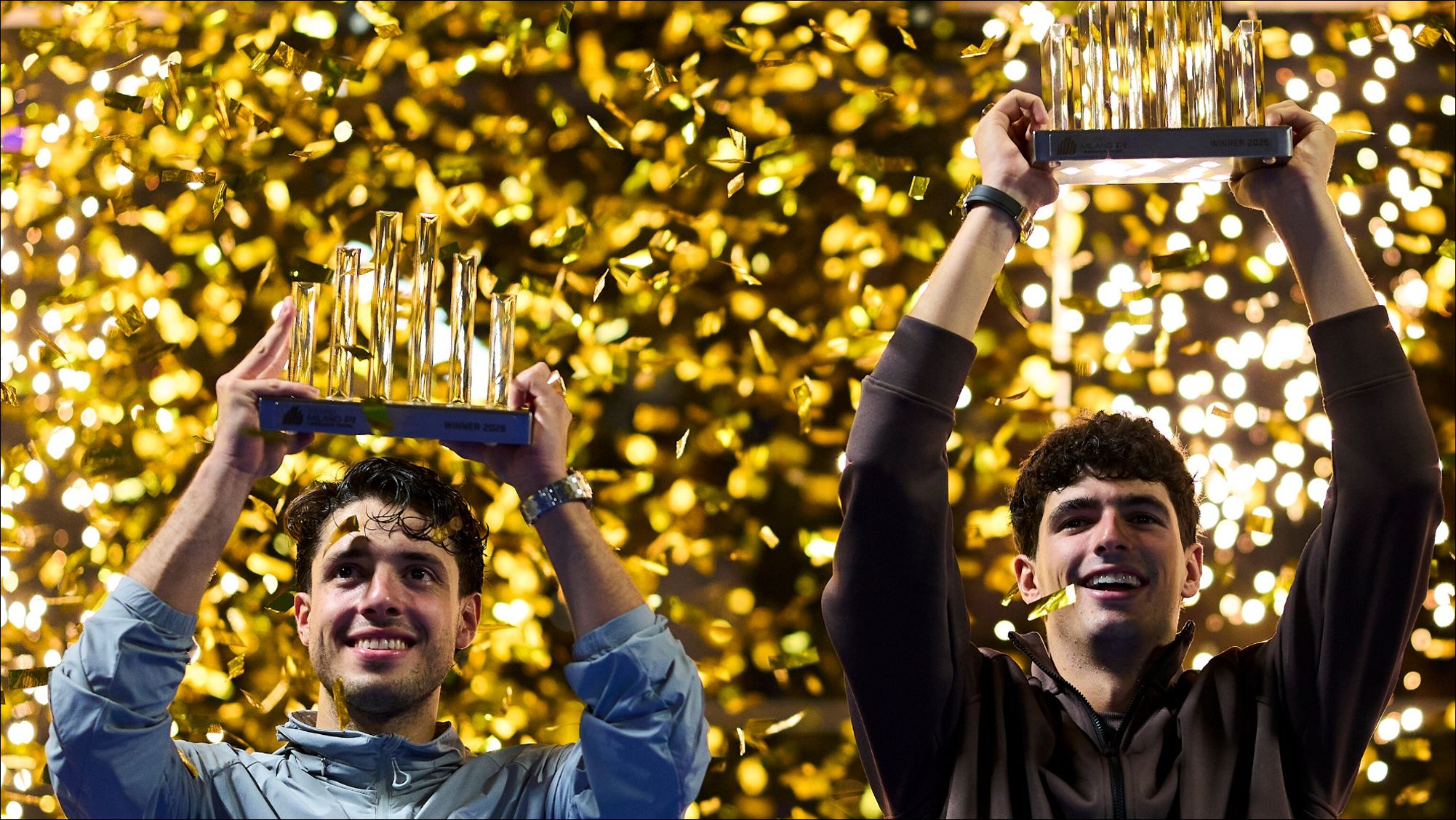 Agustin Tapia and Arturo Coello pose with their winner trophies during the trophy ceremony of the Premier Padel P1 Milano @