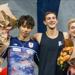 Yonatan Katz (centre) climbs to the gold (Photo World Climbing) @